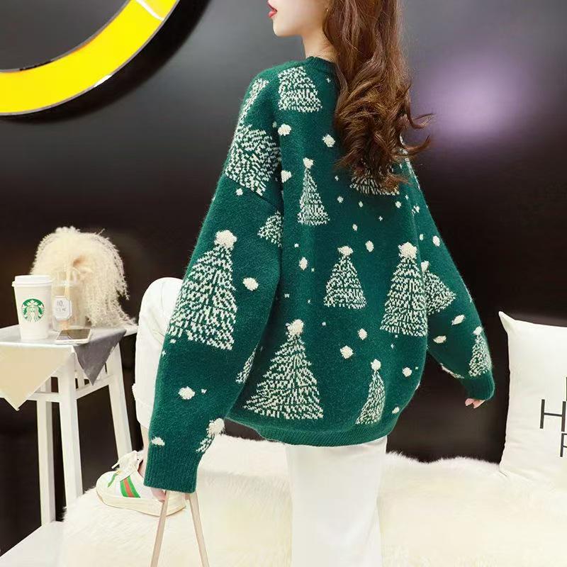 

2025 Autumn/Winter Korean Round Neck Loose Knit Christmas Top for Women One Size зелёный