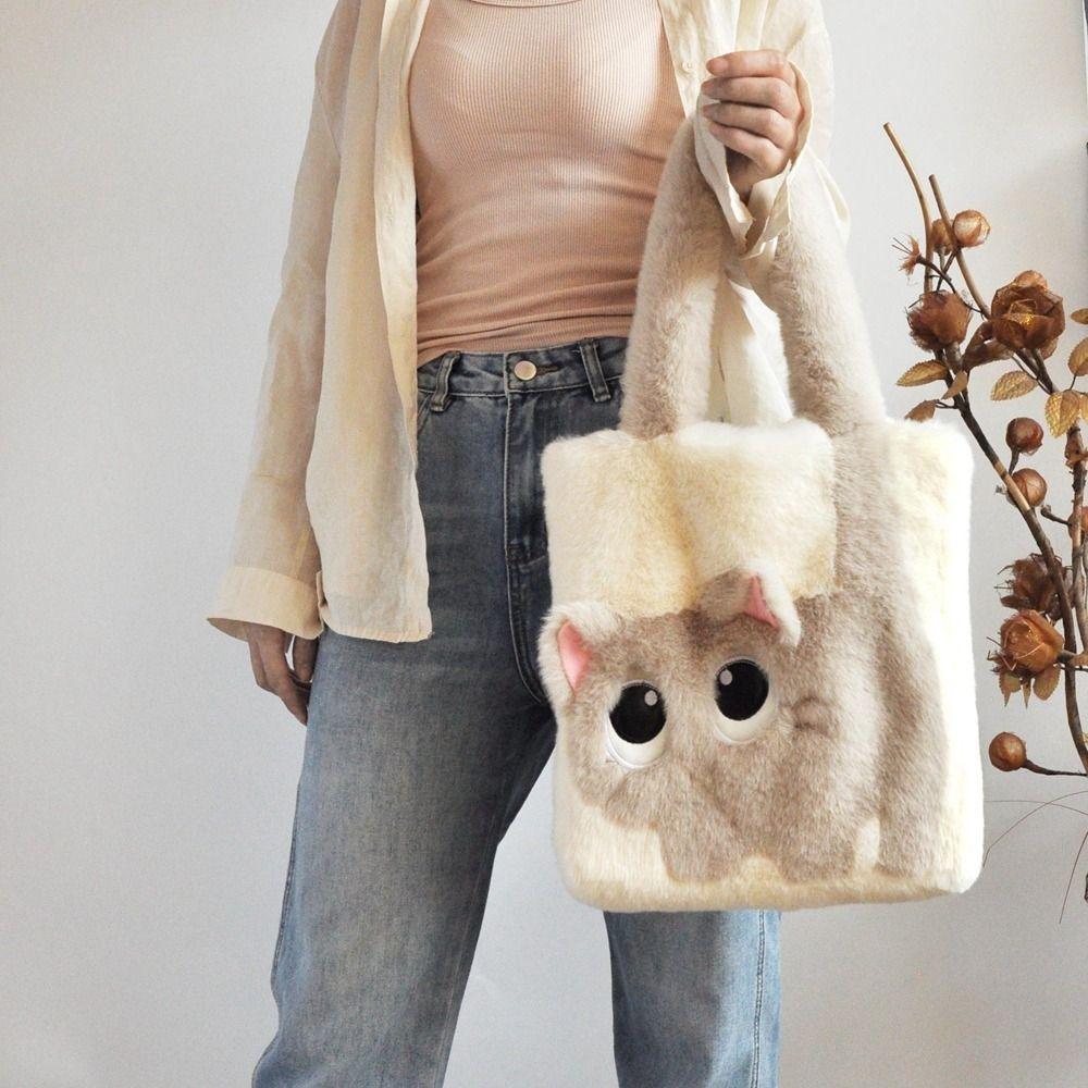 Handbag Cartoon Cat Shoulder Bag Large Capacity Furry Tote Bag Lightweight Plush Bag  Autumn Winter