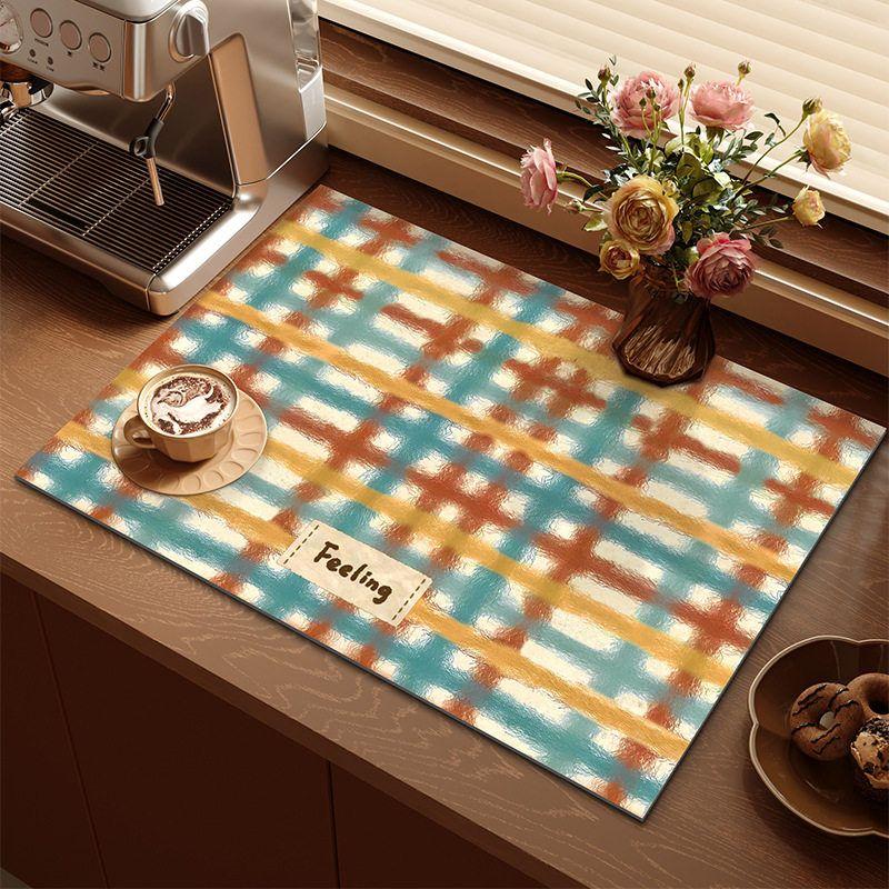 Pastel Oil Painting Plaid Drying Mat Feeling Label Print Non Slip Absorbent Pad For Espresso Kitchen Worktop Kitchen Mat