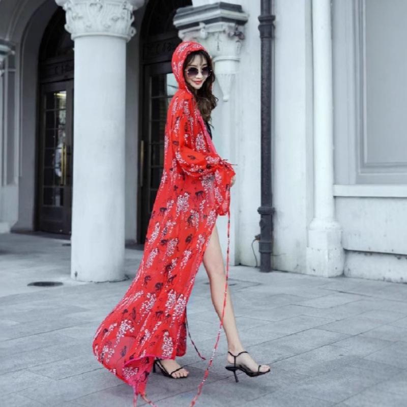 Hooded Beach Print Chiffon Cardigan for Women – Flowy, Breathable, Sun Protection Cape