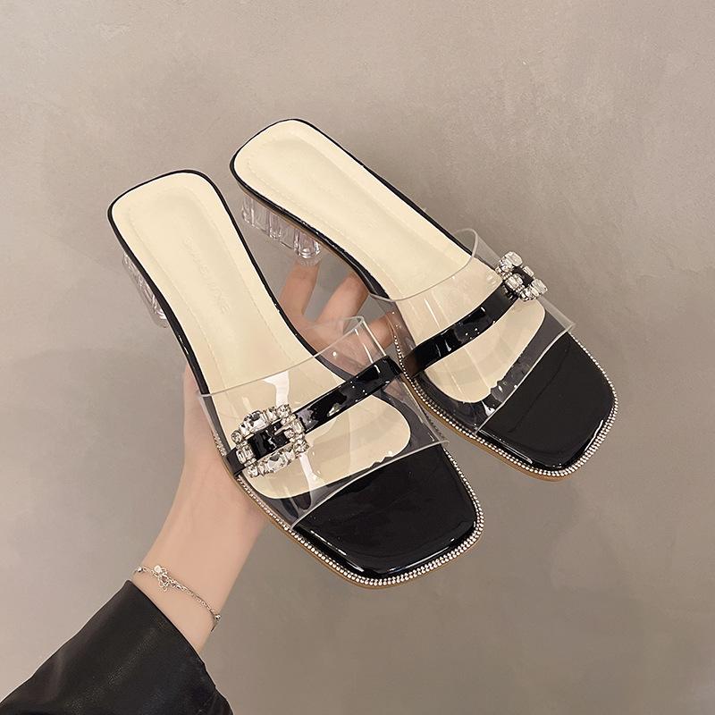 Summer new thick heel cool slippers women's summer wear gentle wind temperament crystal open-toed cool slippers