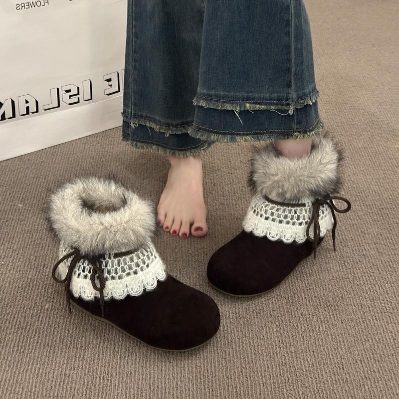 Women's elastic thick sole winter fur one warm cold padded snow boots non-slip wear casual sports short cotton boots