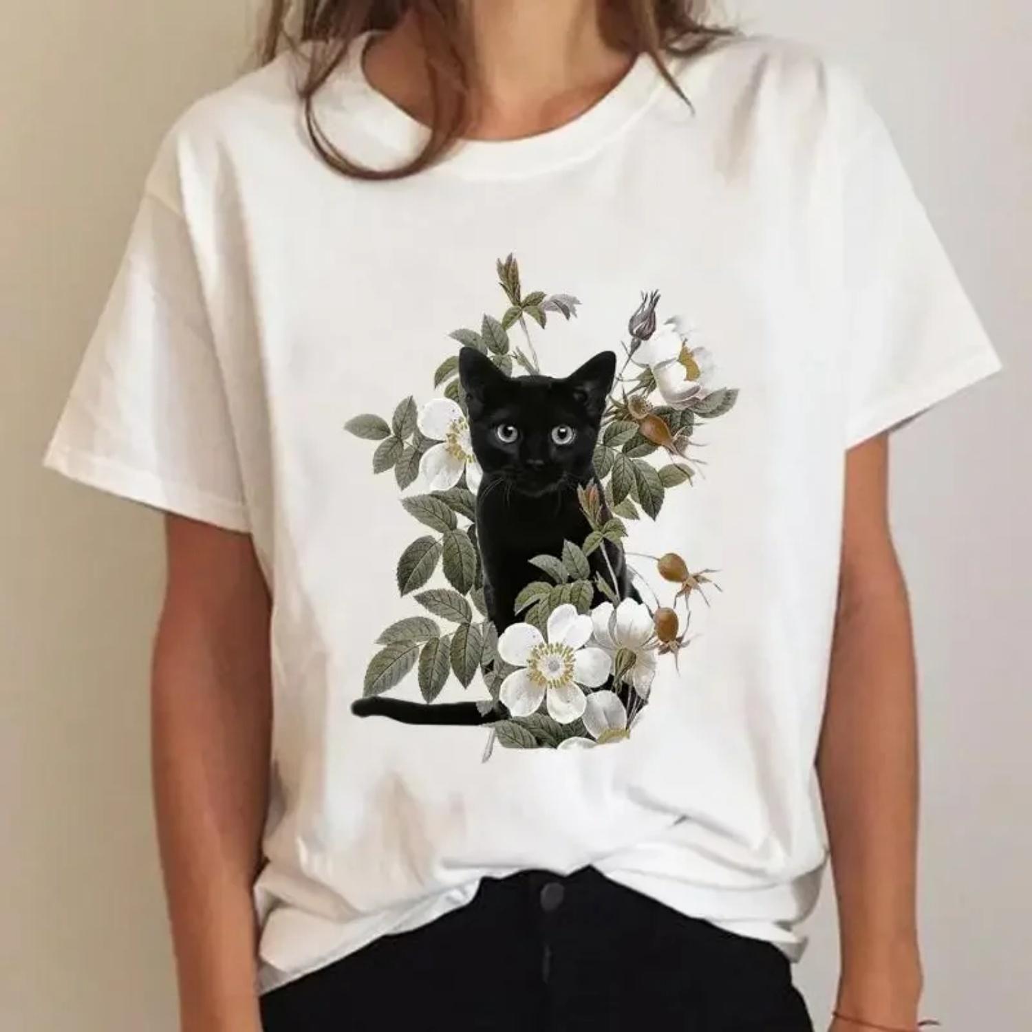 Cat Plant Women s Clothing Cute 90s Fashion Clothing Summer T-shirt Women s Graphic T-shirt Short Sleeve Cartoon Women s Tops XXXXXL белый
