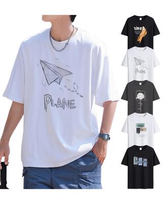 [SHOREKEEPER] Men's Short-Sleeve T-Shirts, 5-Pack, 100% Cotton, Loose Fit, Printed, Crew Neck, Sweat-Wicking, Quick-Drying, Breathable, Antibacterial,