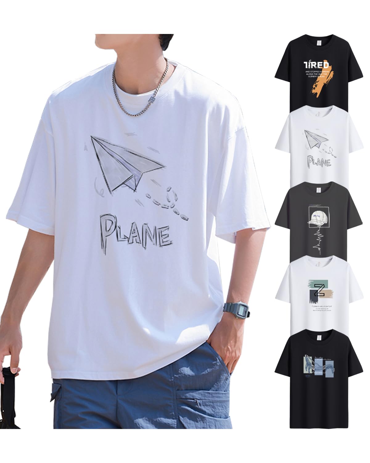 

SHOREKEEPER Футболки мужские с коротким рукавом, свободного кроя, с круглым вырезом и идеальные в качестве нижнего белья для зимы, 5 штук, 100% хлопок, облегающие, с принтом, вырез горловины,