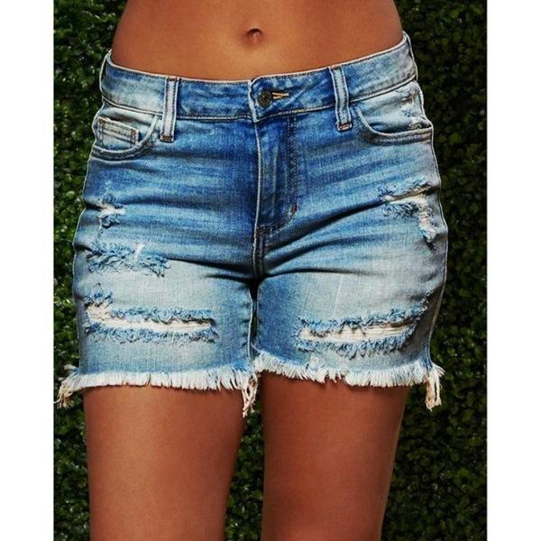 Ripped Raw Hem Denim Shorts, Distressed Washed Blue Denim Shorts, Women's Denim Jeans & Clothing