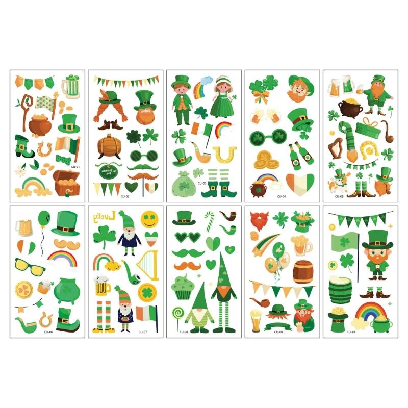 Pack of 10 Patrick' s Day Shamrock Tattooed Perfect for Sensitive Skin Easy Apply Waterproof Sticker for Celebration