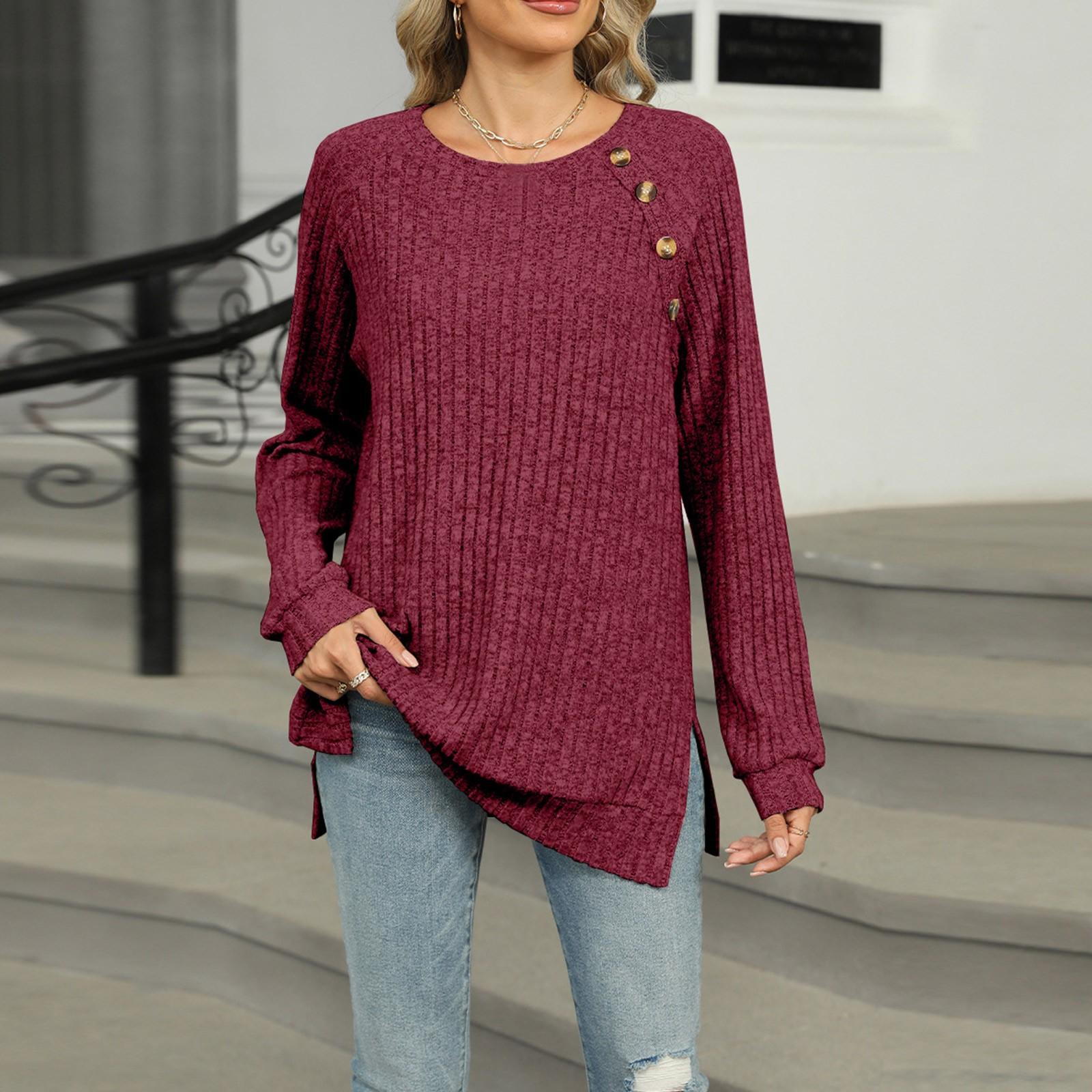 

Женская модная однотонная свободная футболка с круглым вырезом и длинными рукавами на пуговицах M винный