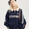 Amerikanisches Retro College Waffel Polo Kragen Sweatshirt Damen Locker Lässig Paarkleidung Gestreiftes Raglanärmel Oberteil