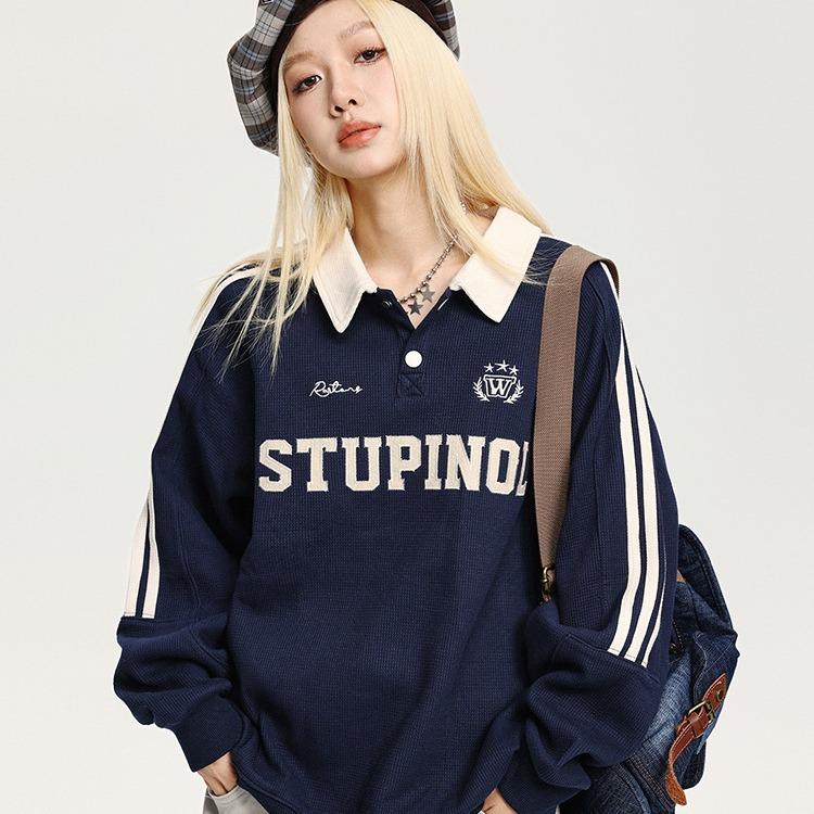 Amerikanisches Retro College Waffel Polo Kragen Sweatshirt Damen Locker Lässig Paarkleidung Gestreiftes Raglanärmel Oberteil