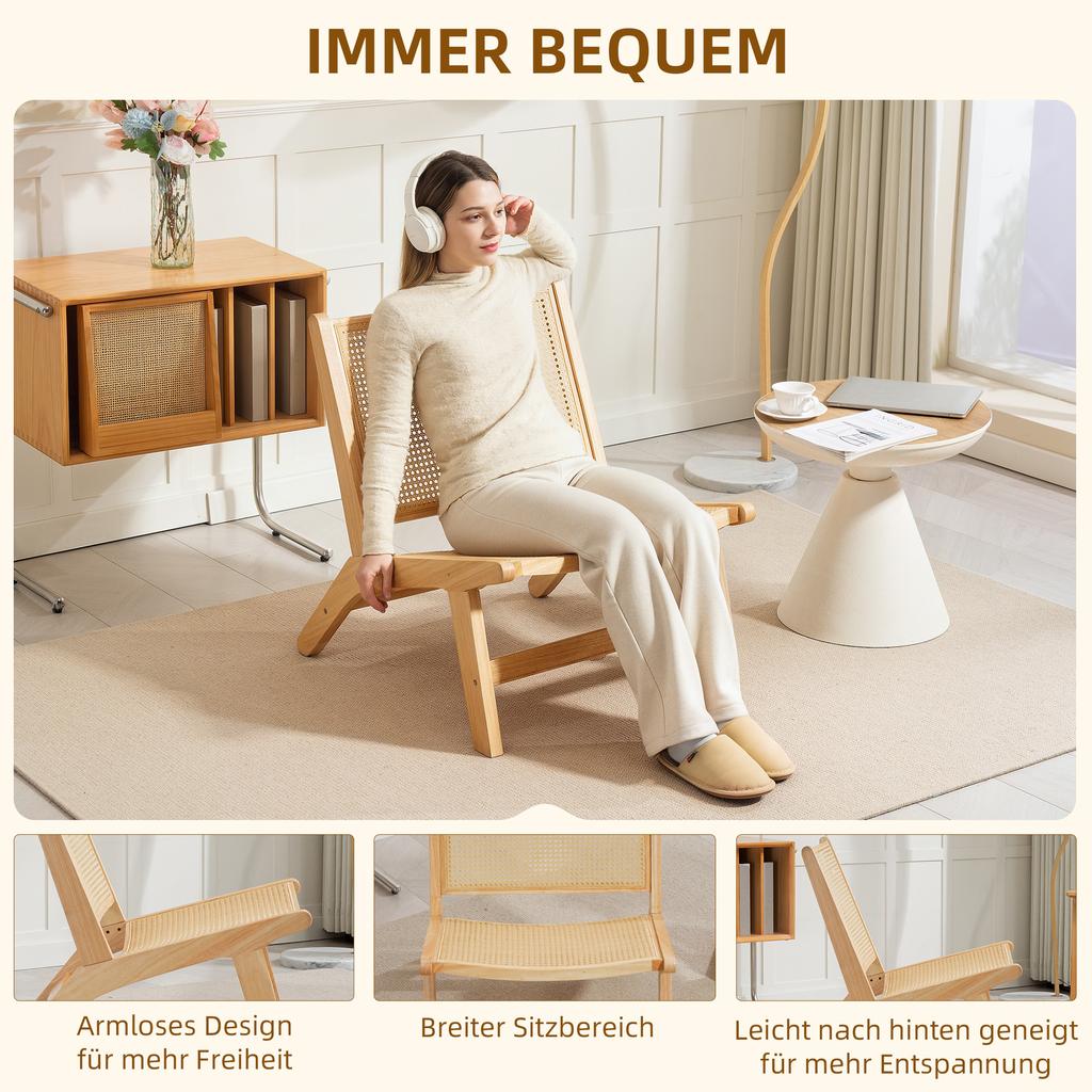 Rattan Chair, Reading Chair, Wood Frame, Wide Seat, 64 x 70 x 74 cm, Natural Wood