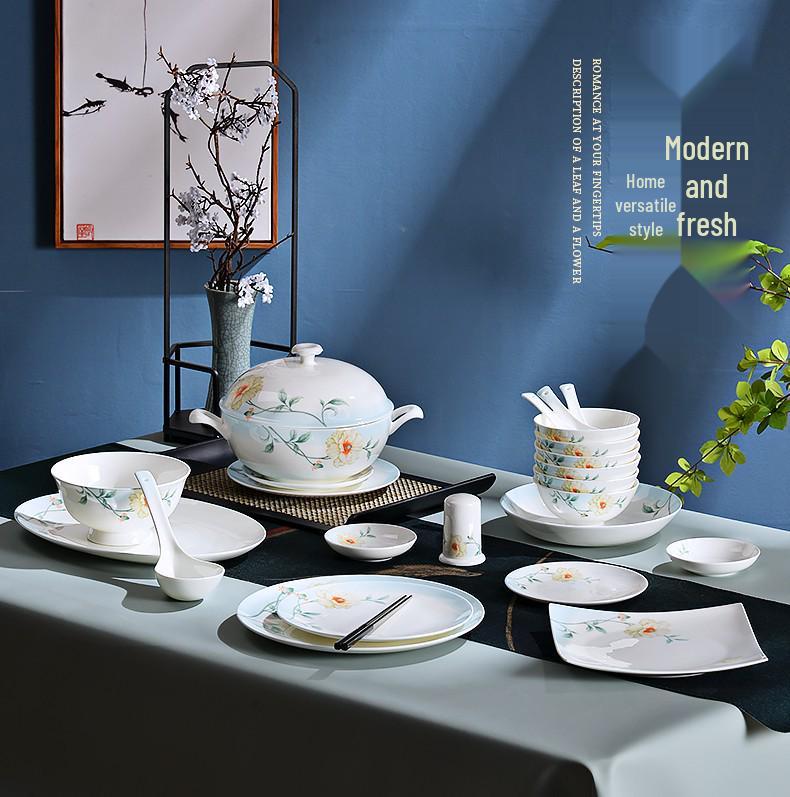Tangshan Bone China New Chinese Style Tableware Set: Bowls and Plates Collection