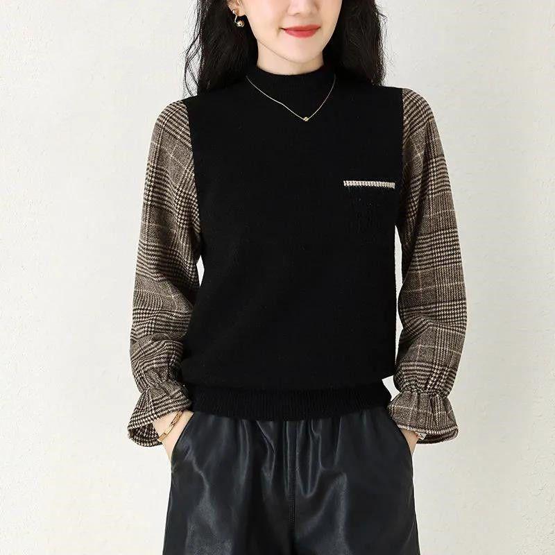 Fake Two Items Women Clothing Sweaters Pullovers Autumn Half High Collar Flare Sleeve Loose Fashion All-match Knitted Tops 2024