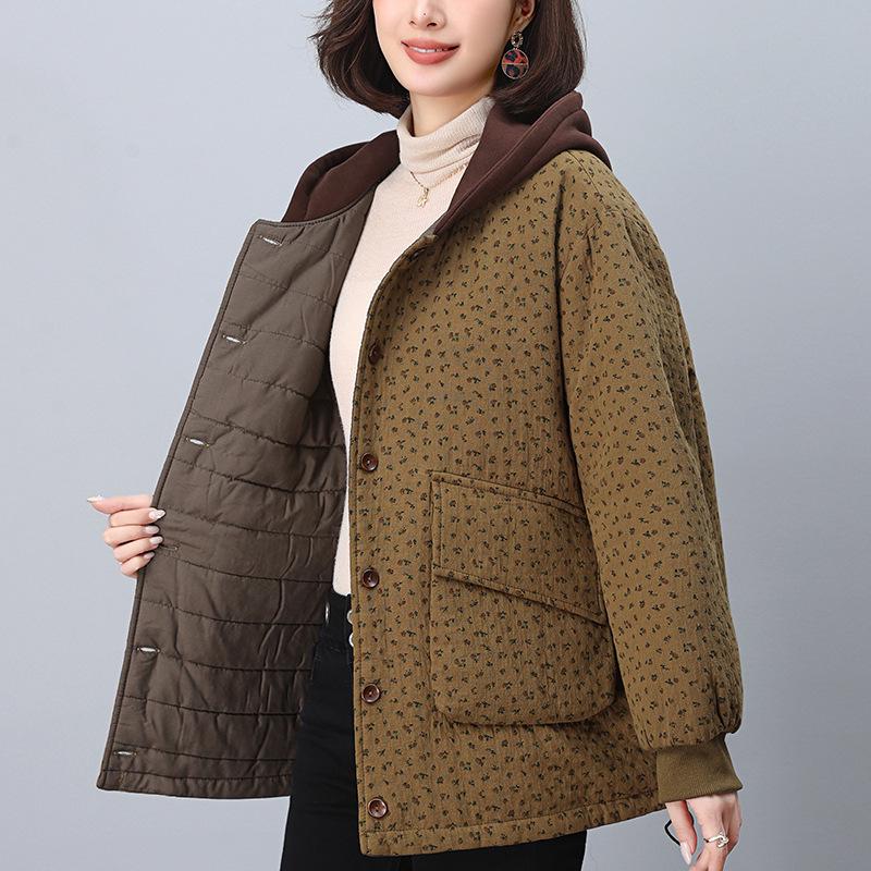 2024 Women's Retro Print Cotton Jacket - Winter Style, Plus Size, Loose Fit, for Middle-Aged and Elderly Moms