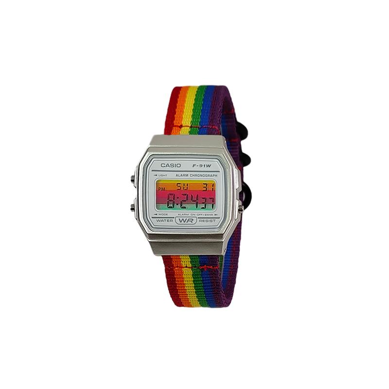 CASIO Customized watch modified series black resin case life waterproof F-91WG-9 modified-Snake Ni Quartz F-91WG-CaiSeBiaoDaiCaiSeHengTiaoWenBiaoJing