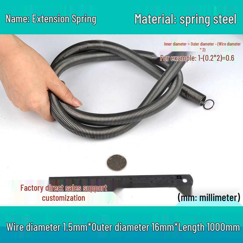 1m Spring Coil Extension with Hook - Strong Tensile Force, Thin Soft Sheath, for Tarpaulins & Sliding Doors