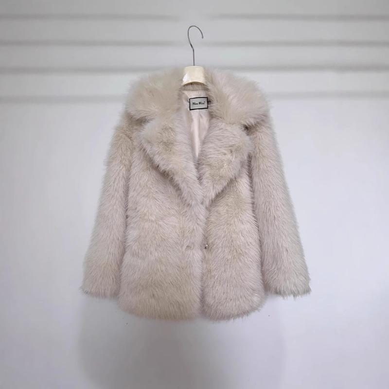 Women's White Faux Fur Coat Lapel Collar Mid-Length Fluffy Warm Winter Outerwear