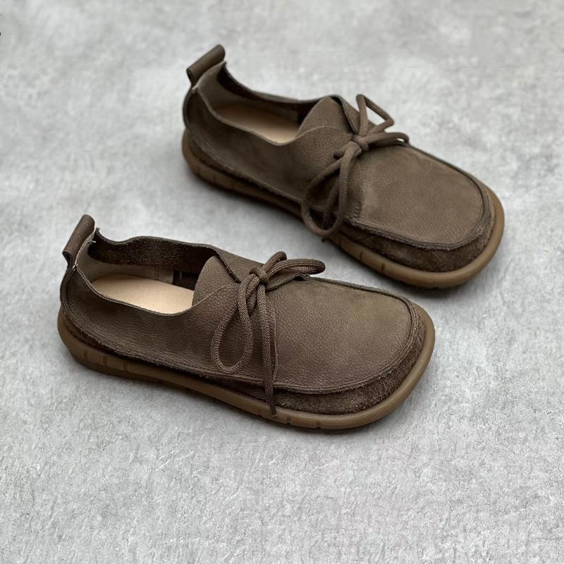 Johnature Handmade Genuine Leather Flats Women Shoes Round Toe Shallow Soft Sole Loafers Retro Solid Color Shoes