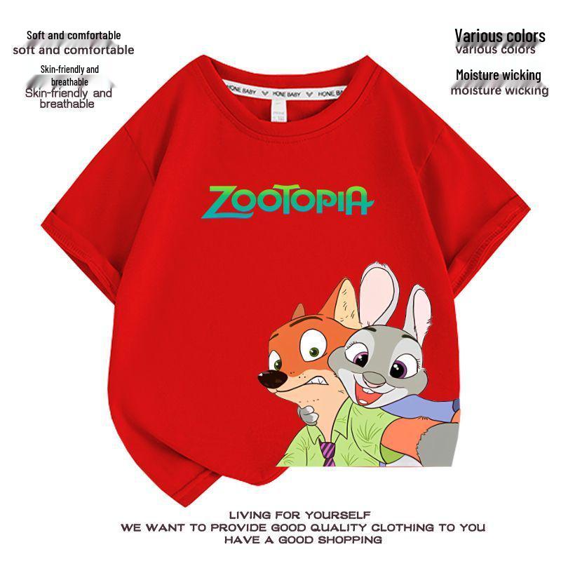 Kids' Zootopia Cartoon T-Shirt - Short Sleeve, Pure Cotton, Stylish Summer Top for Boys and Girls