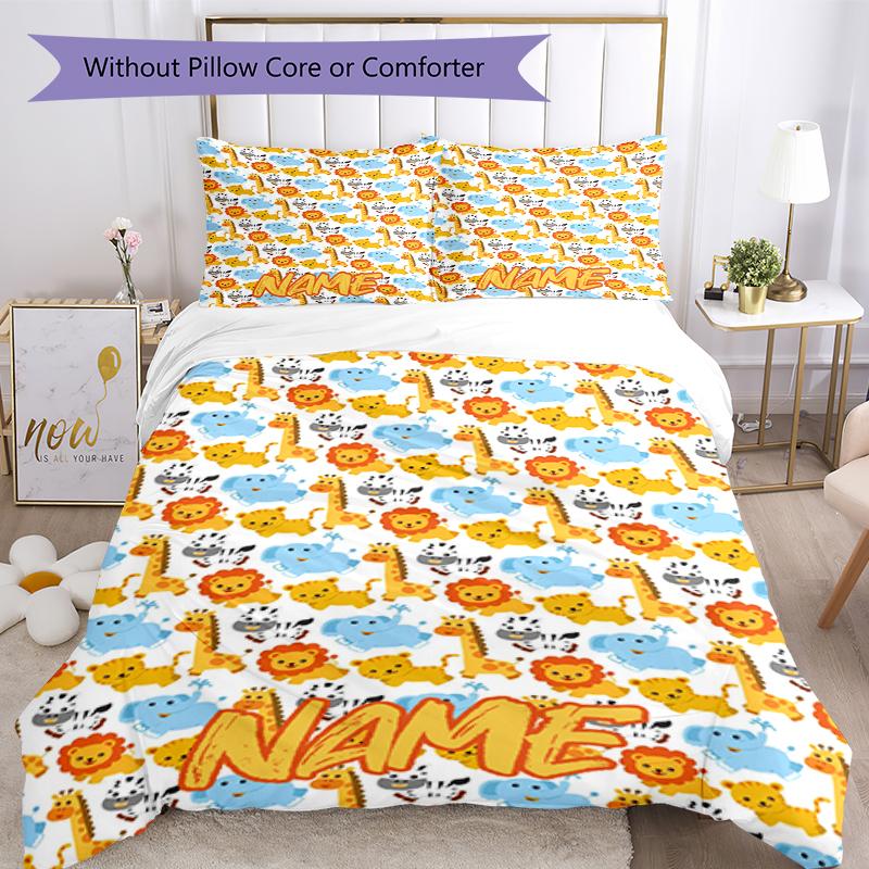 3pcs Custom Name Animals Bedding Set Duvet Cover Closure Includes 1 Duvet Cover & 2 Pillowcases, Soft and Comfortable for All Seasons.
