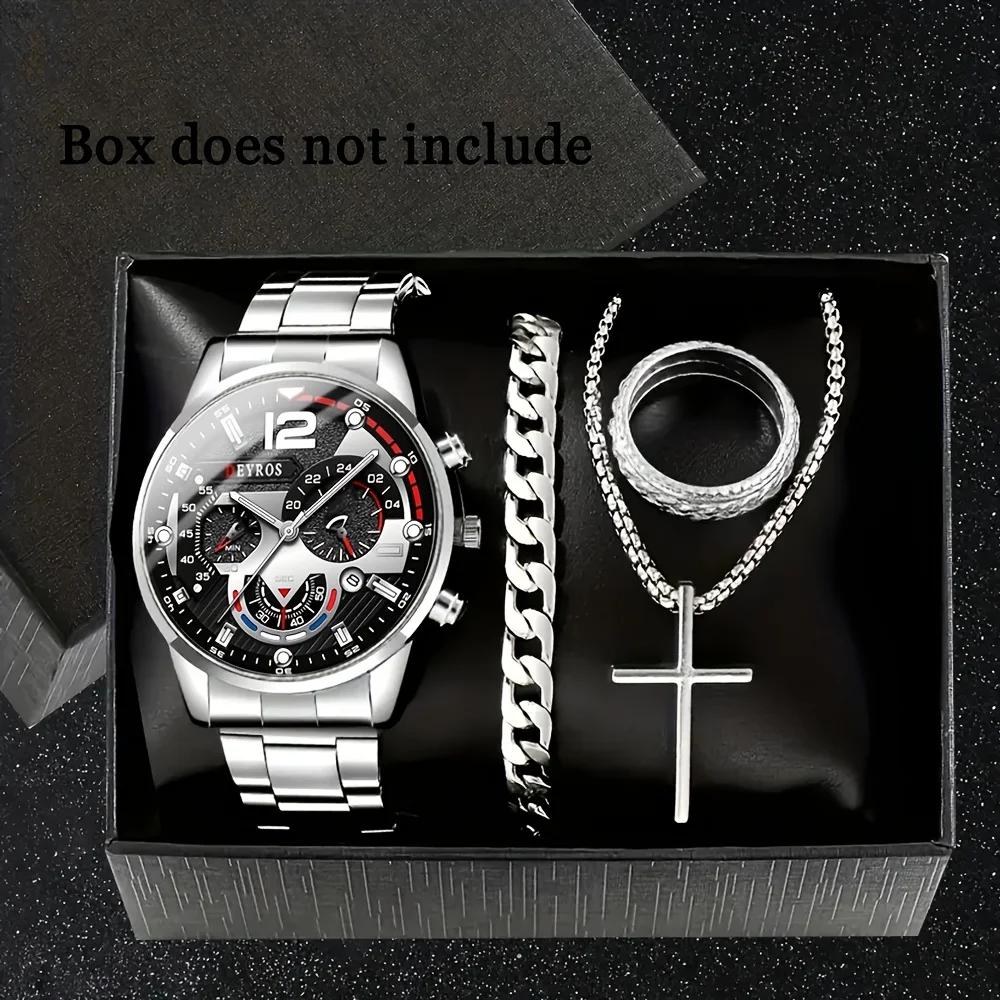 Men's Fashion Watch  Set, Casual Quartz Watch with Calendar, Cross Pendant Necklace, Ring and Bracelet - Perfect Gift for Him