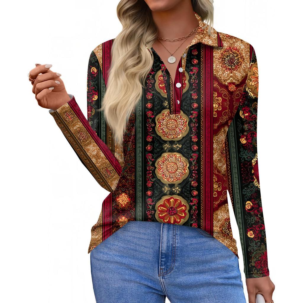 Women's Fashion Casual Lapel Short Long Sleeve Print Shirt Women's Button Up Tops