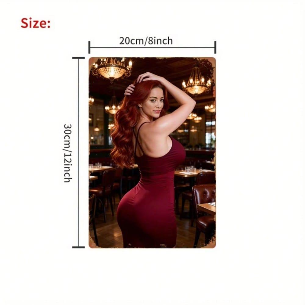 Metal Wall Art Poster Retro Redhead Beauty with Chandelier for Bar Decor