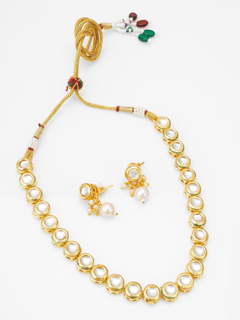 Gold-Plated White Stone-Studded & Beaded Handcrafted Jewellery Set