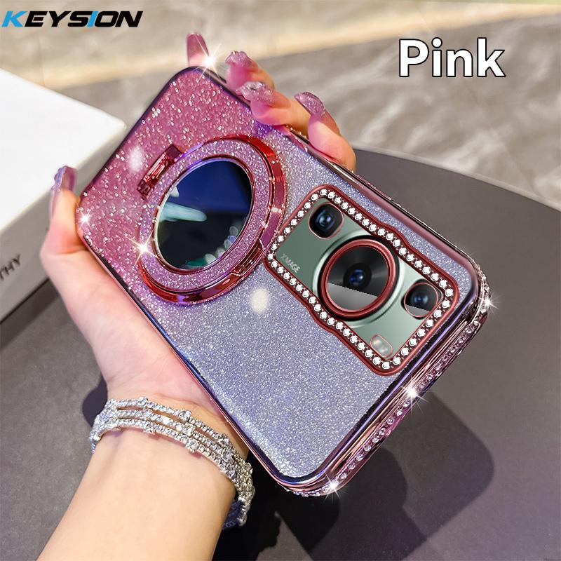 

KEYSION Luxury Glitter Jewelled Magnetic Phone Case for Huawei P60 Pro Makeup Mirror Stand Shockproof Cover for Huawei P60 for Huawei P60 Pro розовый