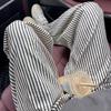 Women's High-Waisted Black & White Striped Wide-Leg Pants - Summer Casual Straight-Leg Trousers.