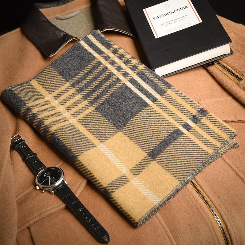 Men's wool scarves, winter, autumn and winter, thickened and warm, versatile plaid striped scarves, high-end gifts.