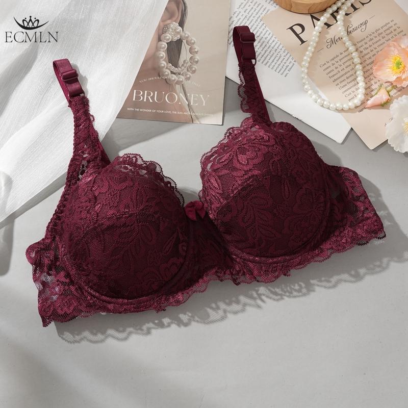 

Женский бюстгальтер большого размера с цветочным кружевом, тонкий, дышащий, однослойный, с полной чашкой, на косточках, нижнее белье 42 вино красного