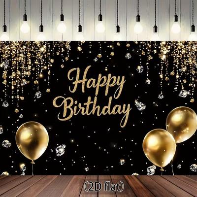 2D Happy Birthday Photo Backdrop Banner Black Gold Glitter Curtain Diamond Party Background Cloth