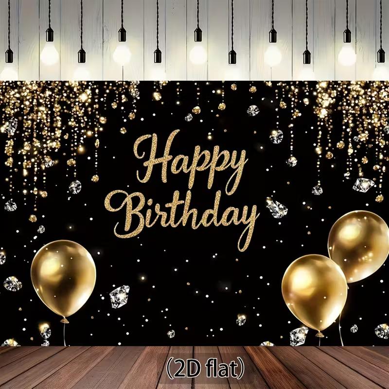2D Happy Birthday Photo Backdrop Banner Black Gold Glitter Curtain Diamond Party Background Cloth