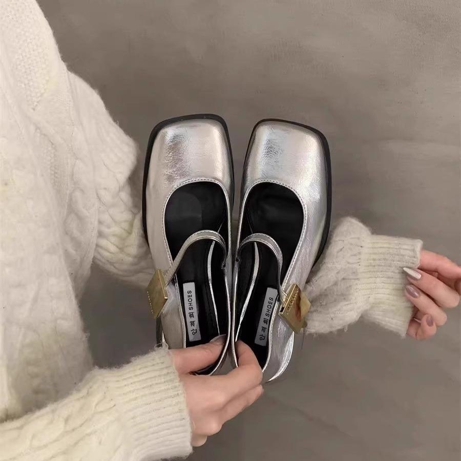 

Женские туфли на высоком каблуке, серебристые, на толстом каблуке, новинка 2025 года, на весну и лето, мягкие туфли Мэри Джейн, дышащие, универсальные, маленькие кожаные туфли 35 чёрный