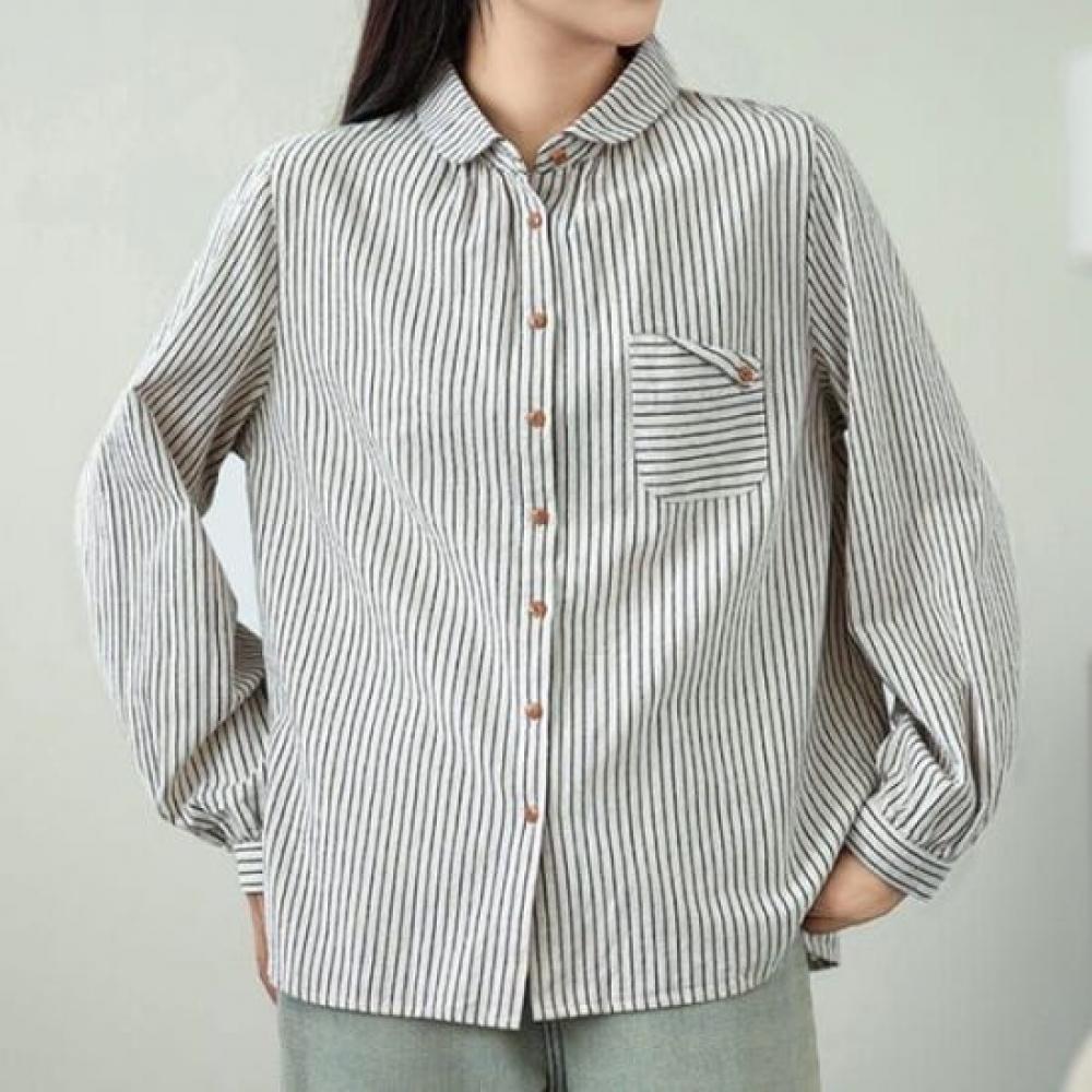 Navava Women Retro Pocket Stripe Long Sleeve Shirt Nb2976