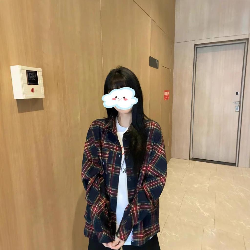 Women's Burgundy Retro Plaid Embroidered Shirt - Trendy, Loose-Fit, Long-Sleeve Jacket for Spring/Summer