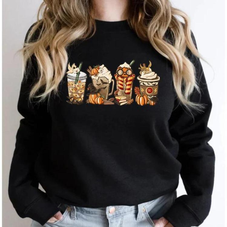 Pumpkin Spice Coffee Lover Women Fall Cozy Horror Sweatshirt Pullover Halloween Clothes
