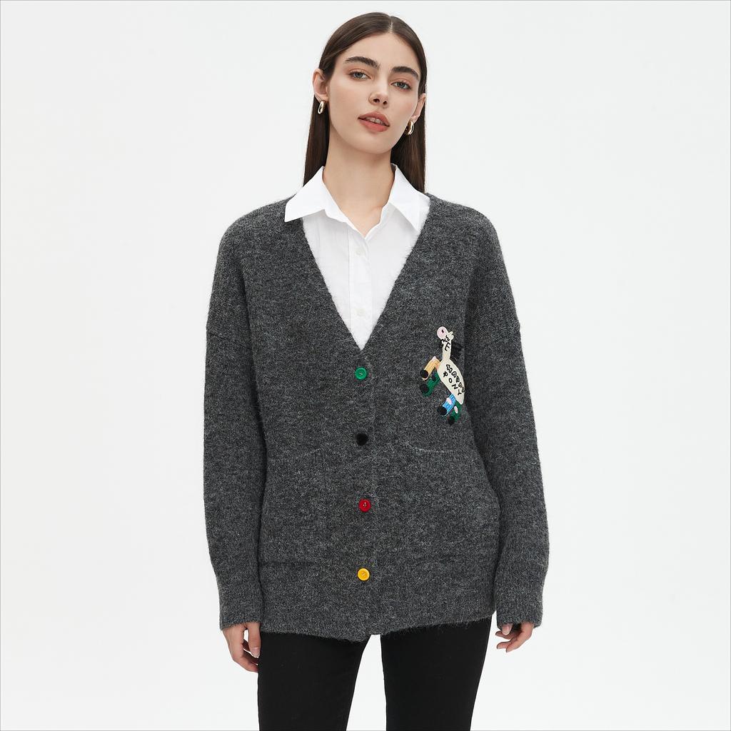 Dimanaf 2025 Sweaters Buttons Embroidery Print Cardigan Autumn Pockets Women Print Sweaters Knitting Loose Sweater
