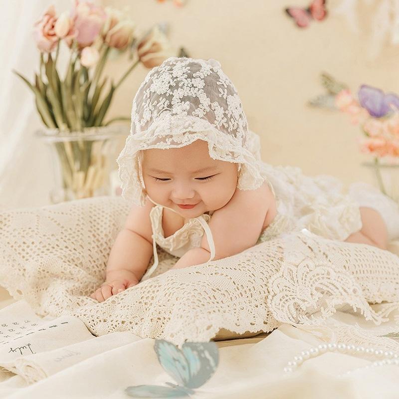 Embroidered Flower Lace Hat for Baby White Ruffle Lace Princess Cap Infant Girl Mesh Sun Hats Newborn Photography Props