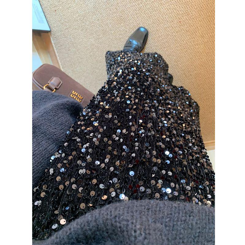 

Black Sequin A-line High Waist Long Skirt for Pear-shaped Women - Autumn/Winter 2026 Slimming Hip-hugging Style M (Recommended 90-105 jin) чёрный