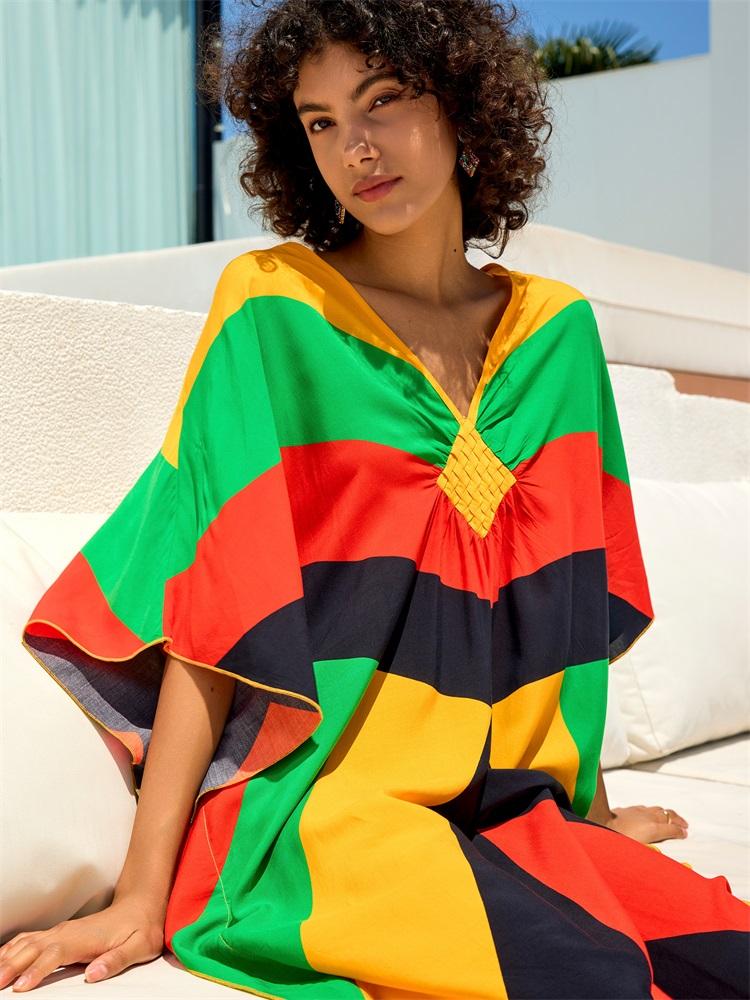 EDOLYNSA 2024 sommer Bunte Patching Sexy V-ausschnitt Batwing Ärmel Lose Maxi Kleid Frauen Kleidung Böhmischen Urlaub Strand Cover-ups Q1618