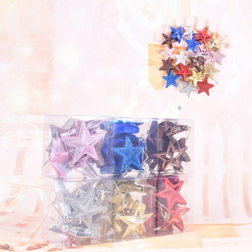 6Pcs/Set 7cm Christmas Tree Ornaments Plastic Glitter Mini Christmas Tree Five-pointed Star 6 Colors Xmas Hanging Ornaments