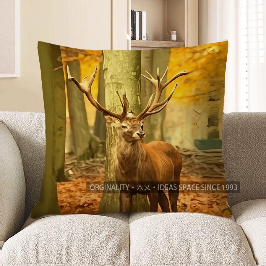 Home Decor Deer In Golden Glow: Nature-Printed Pillow Cover Pattern Cushion Cover Suitable For Sofa Bedroom Car Pillow Cover