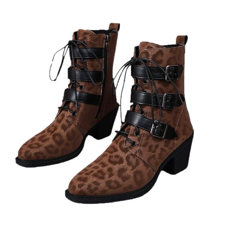 Belt buckle medium boots 0000 autumn and winter new British style leopard print large size Martin boots knight boots