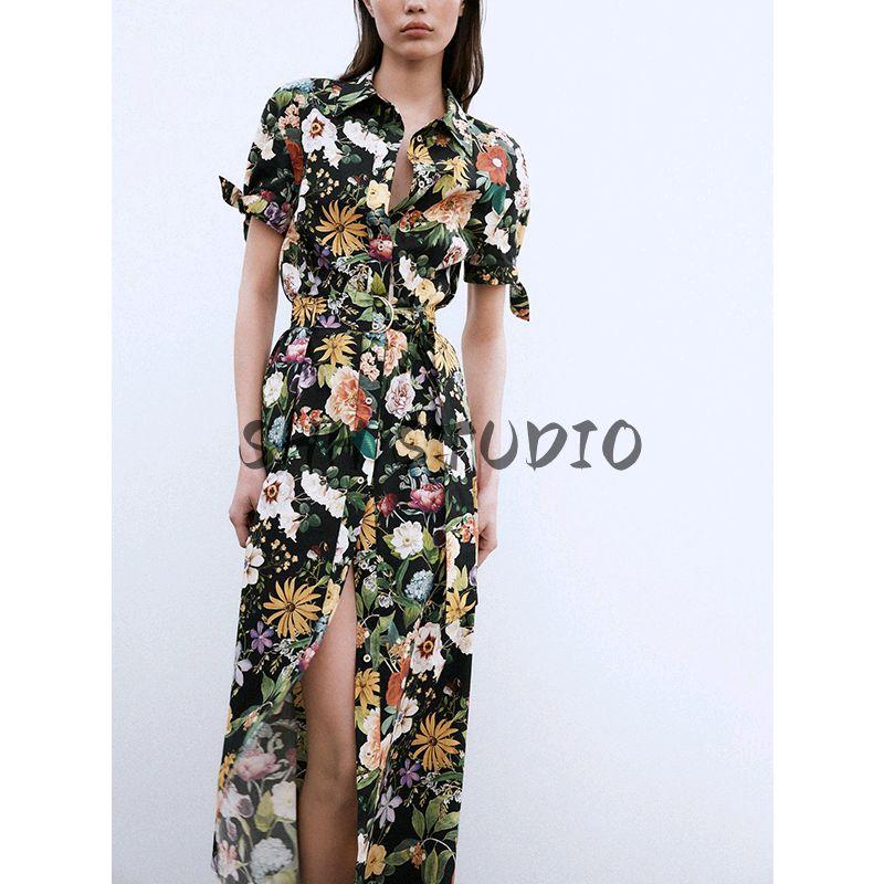 Spring and Summer French Elegance Long Bowknot Decoration Flowers Print Poplin Midi Skirt Dress 2944216