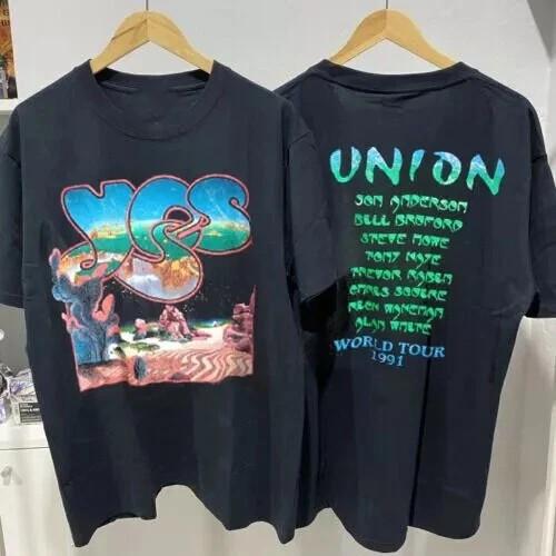 YES Band Union World Tour 2 Side Cotton Black T Shirt S-5XL EN712 Unisex T-Shirt