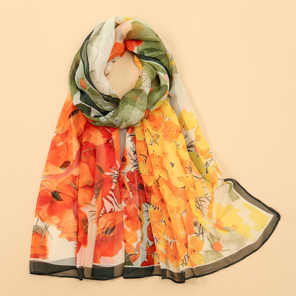 Georgette Floral Printed Shawl Chiffon Silk Scarf Lightweight Neck Scarf Summer Neck Sun Protection Silk Scarf Shawl 160*50cm