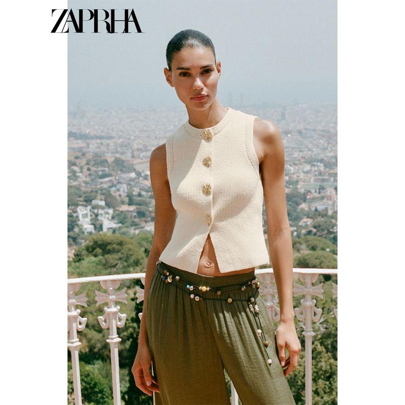 Zaprha 2025 Summer New Gold Button Decoration Knitted Round Neck Sleeveless Vest Vest Top 6771068