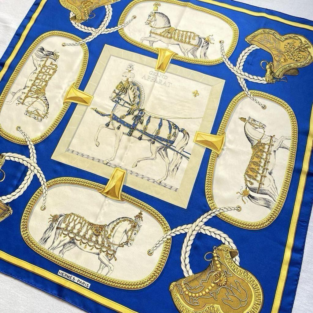 Used HERMES Grand Apparat Hermes Ceremonial Horse Scarf Silk Carr 90 Blue Large Vintage